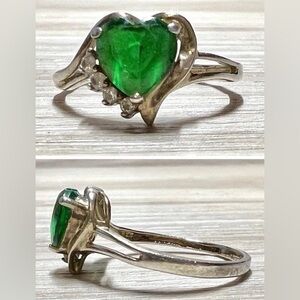 Vintage Designer Sterling Silver Heart Shaped Emerald & CZ Accents, Size 6.25